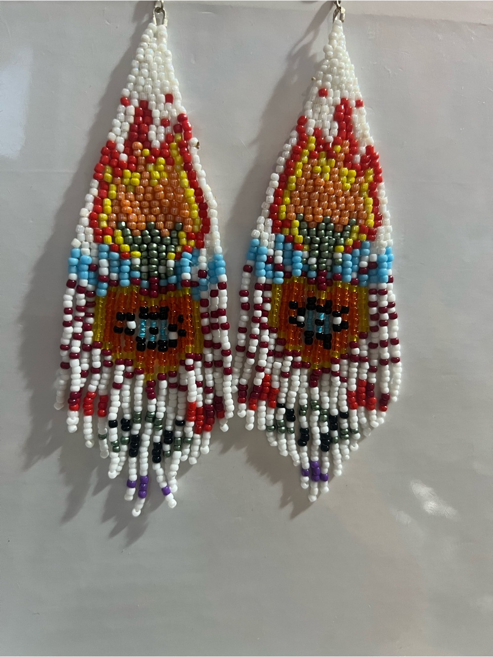 Handmade Beaded Flame Fringe Earrings — White, Red, Orange, Blue
